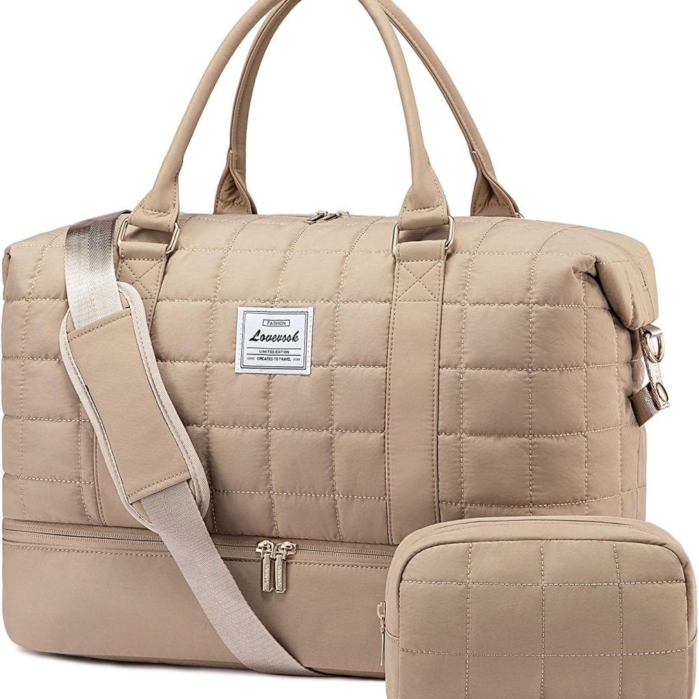 Large Duffle Bag for Travel, Puffer Weekend Bags for Women Travel Tote, Carry on Duffel Bag for Airplanes, 18 Inch Personal Item Bag Gym Bag Women, Coffee